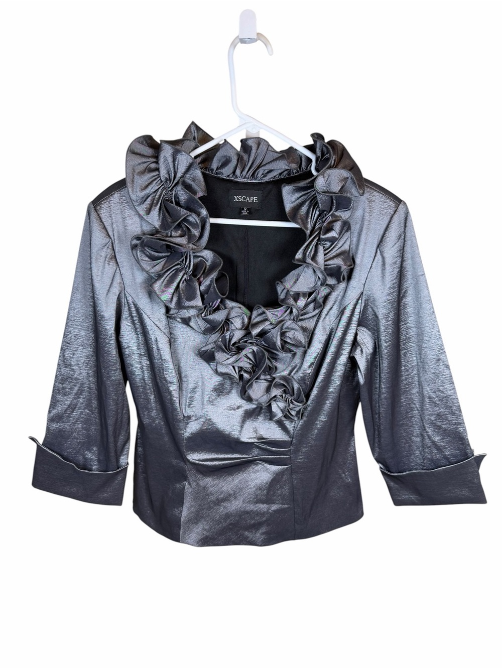 Xscape Shiny Silver Ruffle Evening Formal Neck Blouse Size 12 Elegant Ruffle Top - Picture 2 of 9